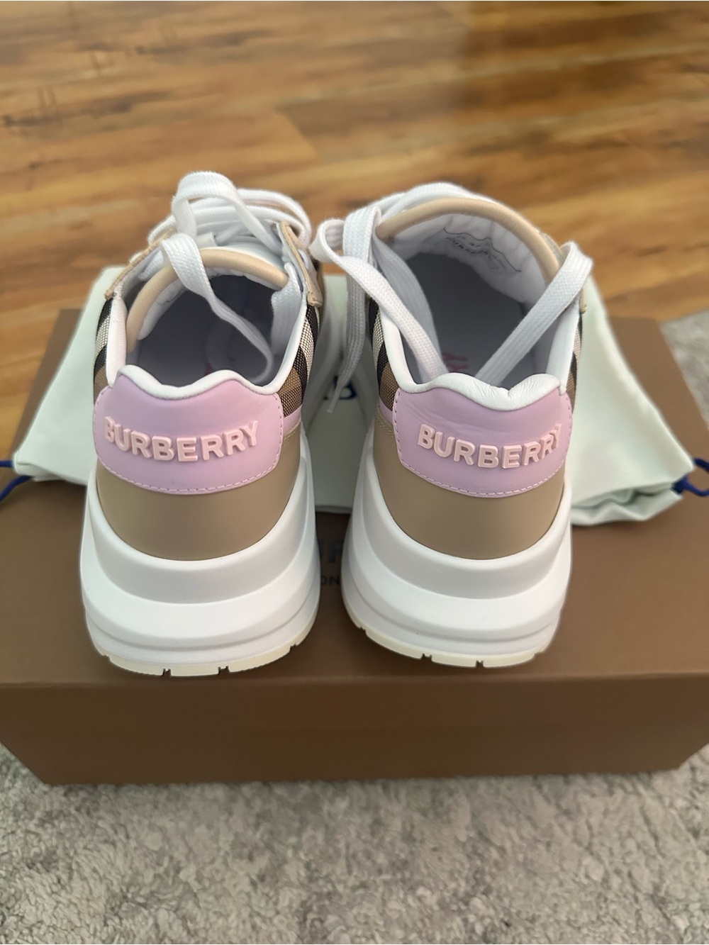 Burberry Beige, Pink & Classic Check Leather Platform Sneakers - Picture 5 of 5